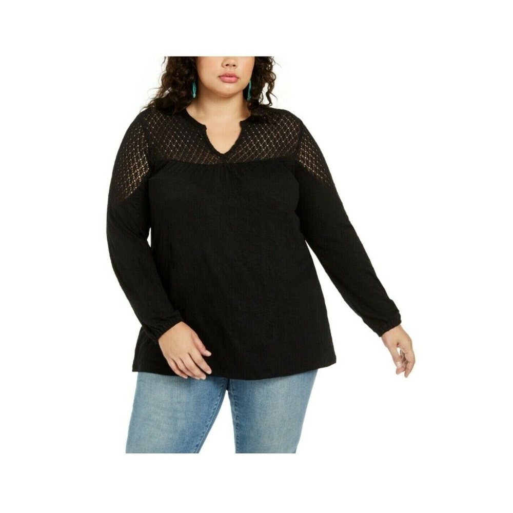 Style & Co Womens Plus 0X Black Lace Shoulder Texture Split Neck Blouse NWT N35